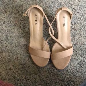 Tan, block heels with ankle strap.